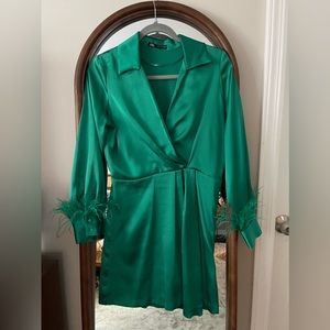 Green Zara Holiday feather dress XS